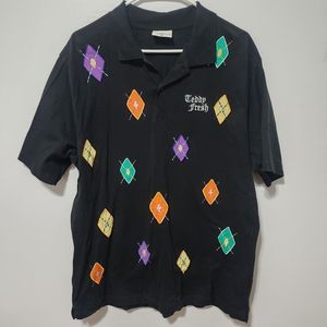 Teddy Fresh Polo Men XL Argyle Applique Black Button Short Sleeve Embroidered